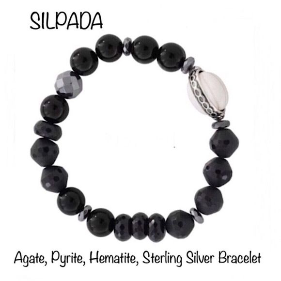 SILPADA Sterling Silver Agate Pyrite Hematite Stretch Bracelet NIB - Picture 1 of 7